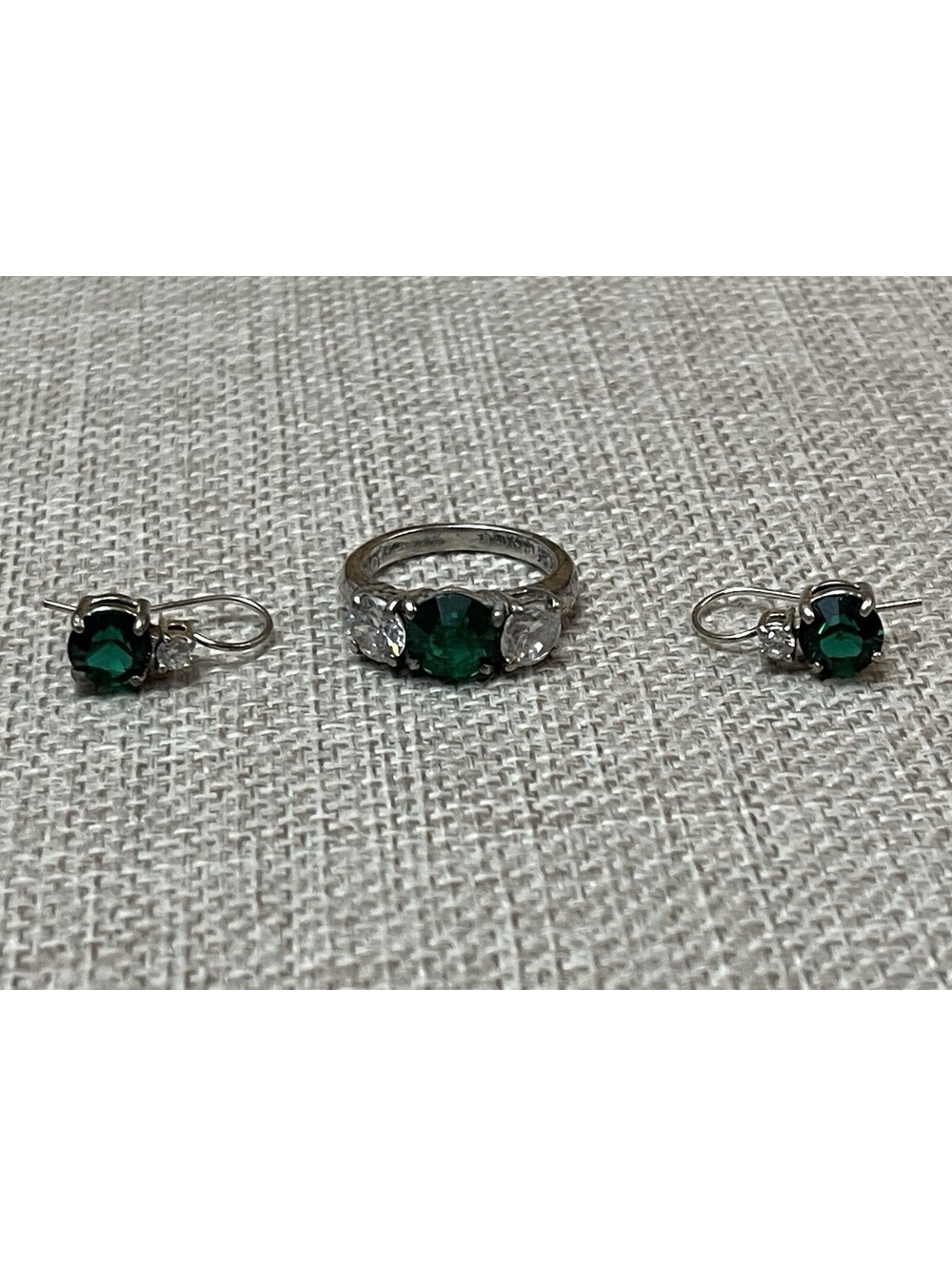 Vtg Set of a pair of earrings ring 925 sterling silver Green Clear Stones